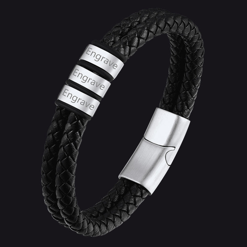 Personalized Braided Leather Bracelet With Engraved Name Beaded for
