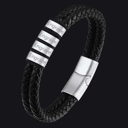 Personalized Braided Leather Bracelet With Engraved Name Beaded for