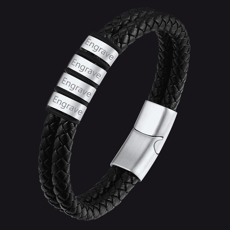 Personalized Braided Leather Bracelet With Engraved Name Beaded for