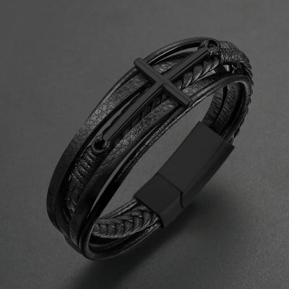 Christian Cross Multi-layer Braided Leather Bracelet for