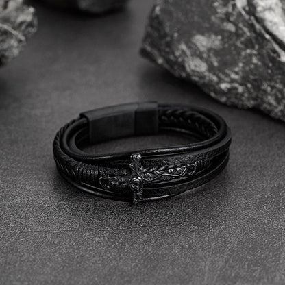 Christian Black Rose Cross Braided Leather Bracelet Gift for