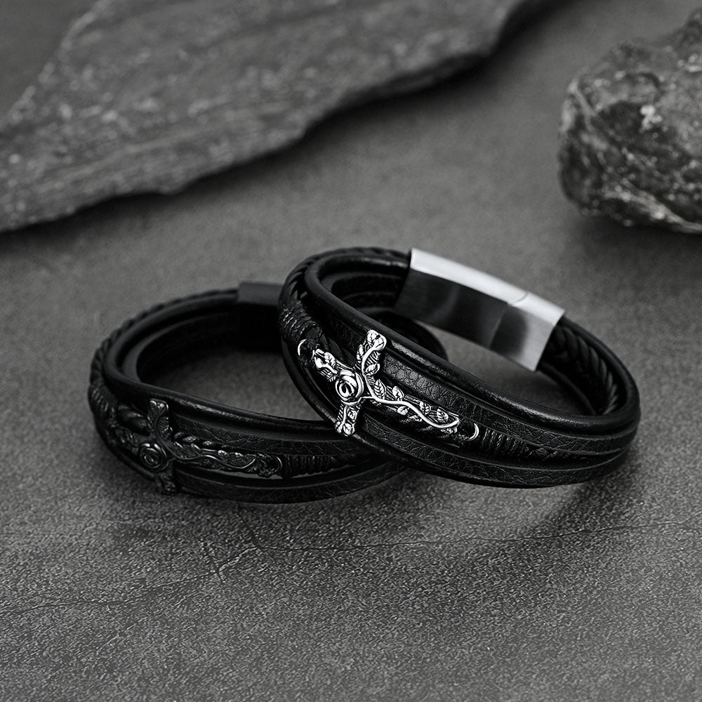 Christian Black Rose Cross Braided Leather Bracelet Gift for