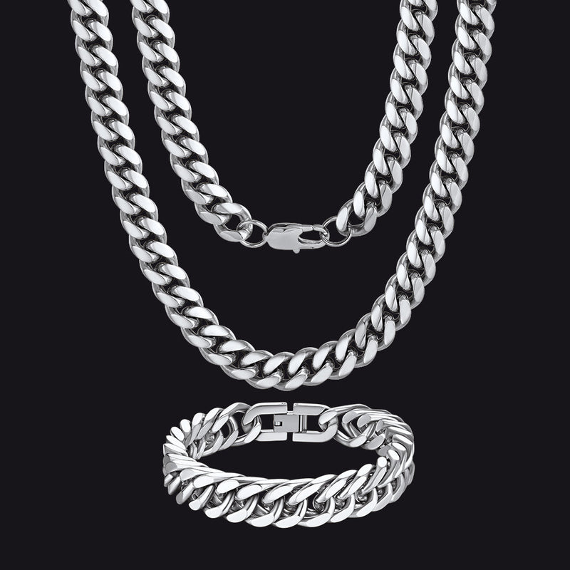 10mm Chunky Heavy Cuban Link Chain & Bracelet Set for