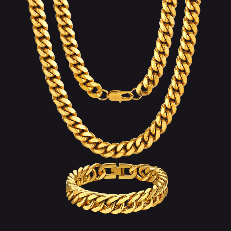 10mm Chunky Heavy Cuban Link Chain & Bracelet Set for