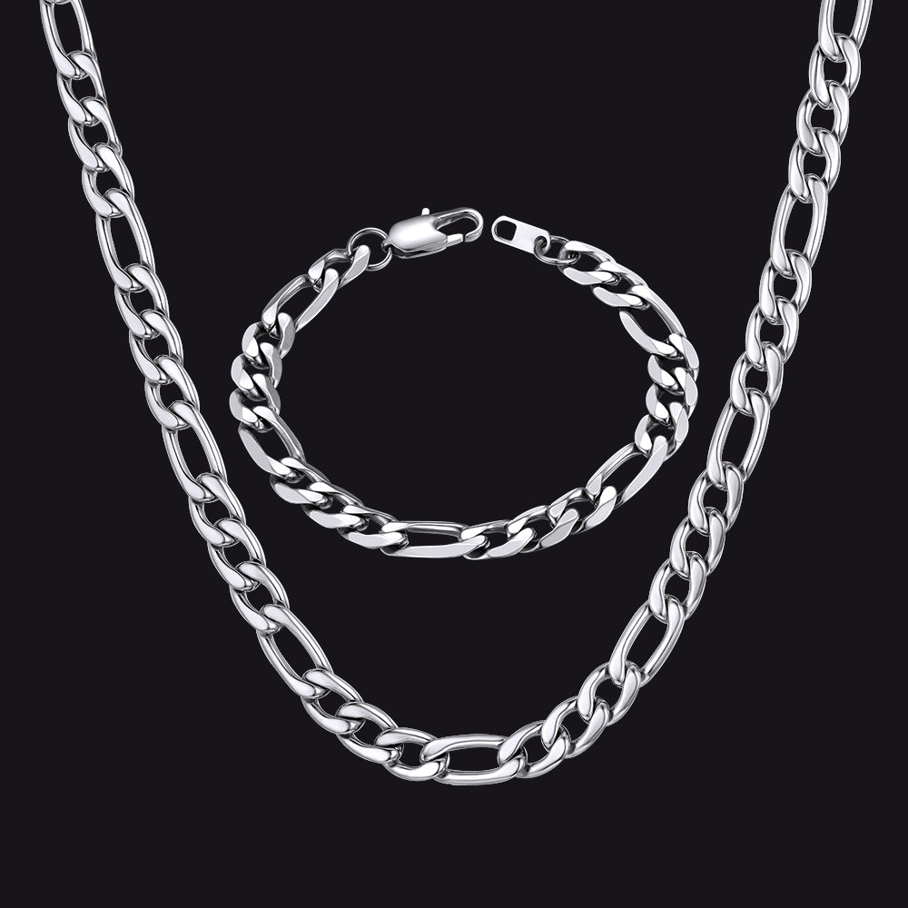 8mm Figaro Link Chain & Bracelet Bundle Set for