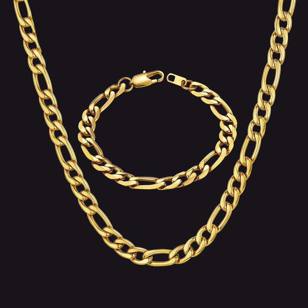 8mm Figaro Link Chain & Bracelet Bundle Set for