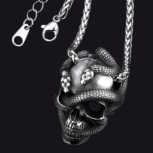 Gothic Snake Skull Pendant Necklace for