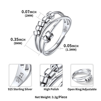 925 Sterling Silver Bead Anxiety Adjustable Ring for