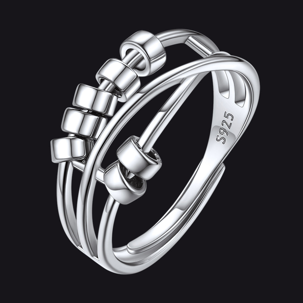 925 Sterling Silver Bead Anxiety Adjustable Ring for