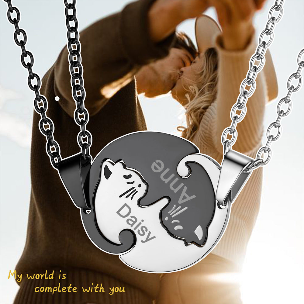 Custom Cat Matching Puzzle Necklace Engraved 2 Names Gift for Couple Girlfriend