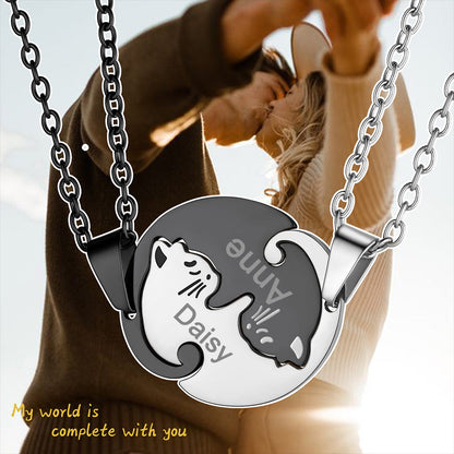 Custom Cat Matching Puzzle Necklace Engraved 2 Names Gift for Couple Girlfriend