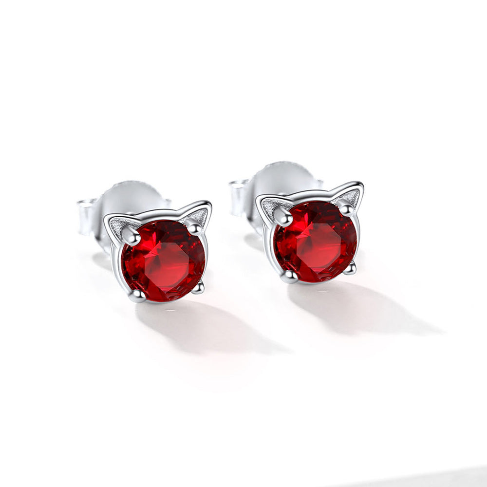 Silver Birthstone Cat Stud Earrings for Cat Lovers