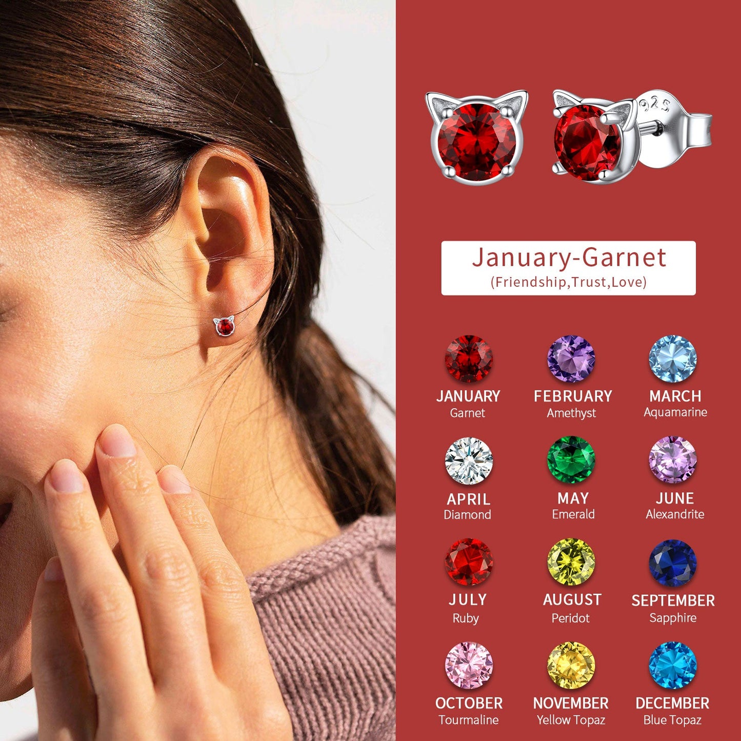 Silver Birthstone Cat Stud Earrings for Cat Lovers