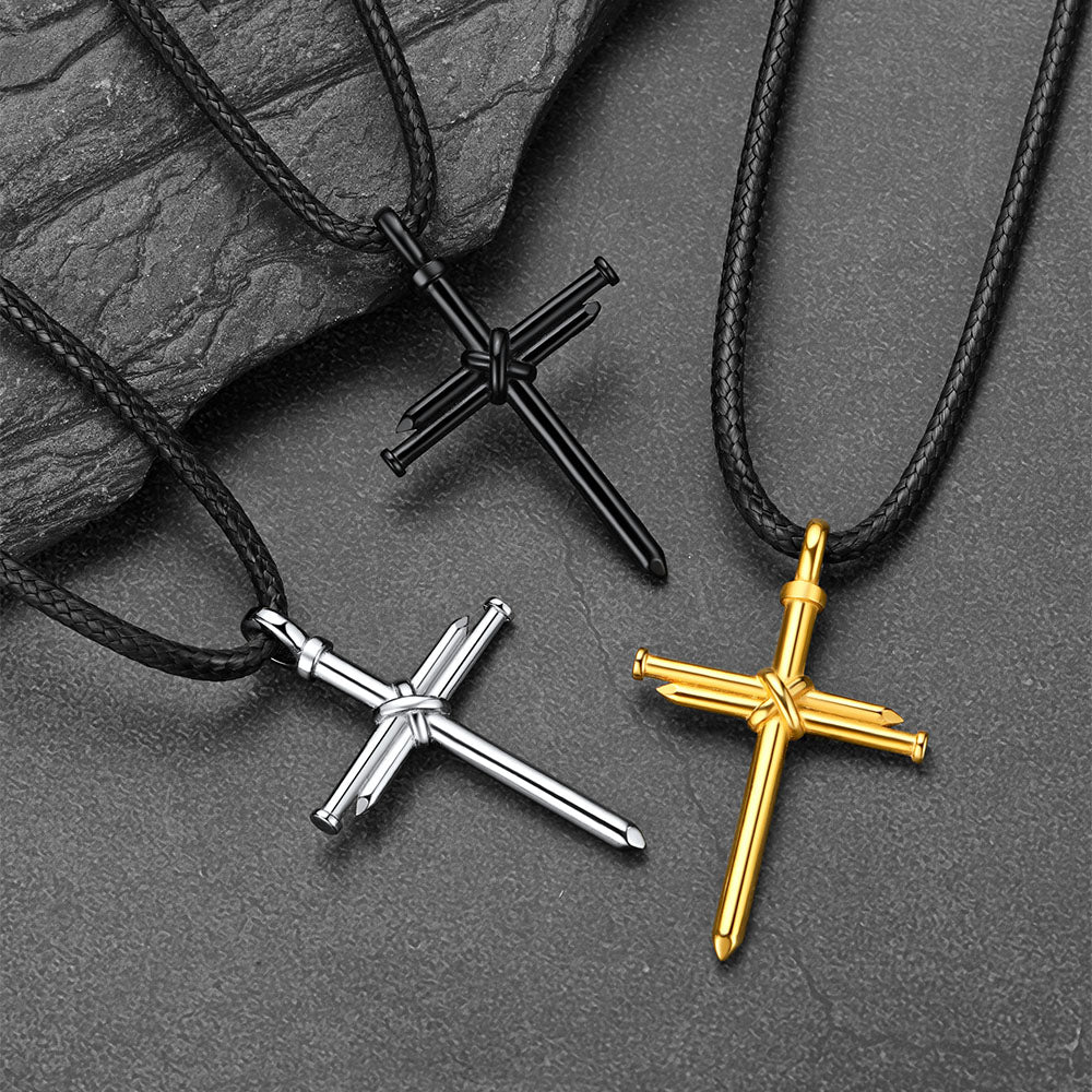 Christian Nail Cross Pendant Braided Leather Necklace for Dad Huasband