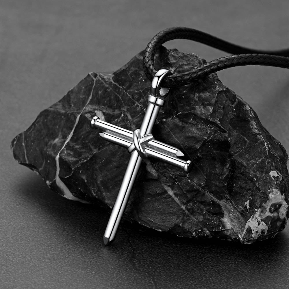 Christian Nail Cross Pendant Braided Leather Necklace for Dad Huasband