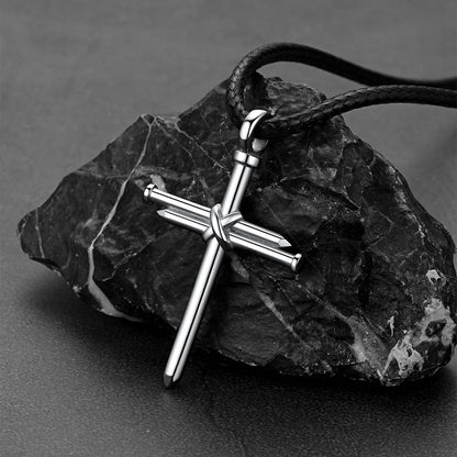 Christian Nail Cross Pendant Braided Leather Necklace for Dad Huasband