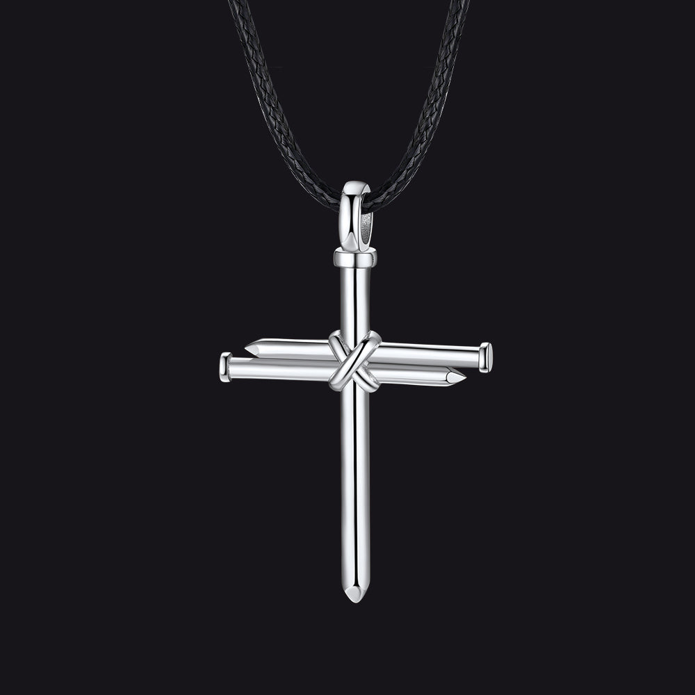 Christian Nail Cross Pendant Braided Leather Necklace for Dad Huasband