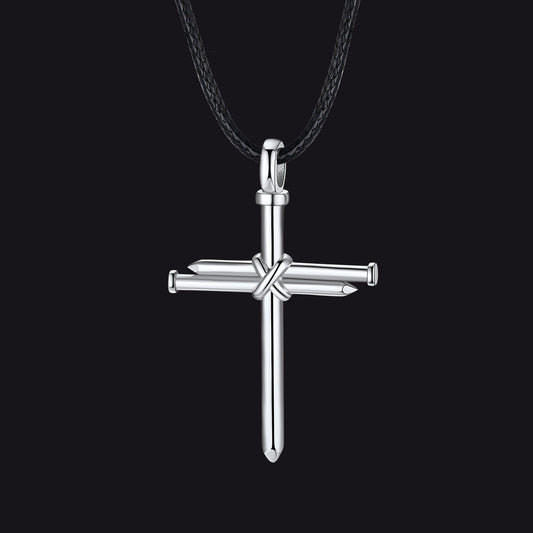 Christian Nail Cross Pendant Braided Leather Necklace for Dad Huasband
