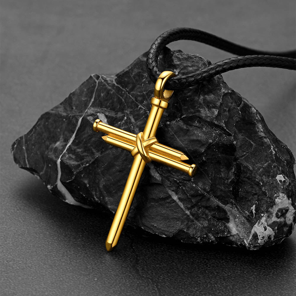 Christian Nail Cross Pendant Braided Leather Necklace for Dad Huasband