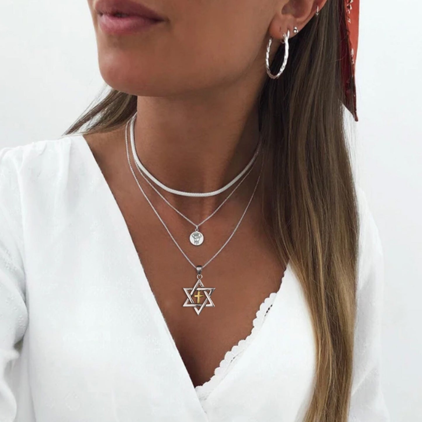 Sterling Silver Cross Star of David Necklace for