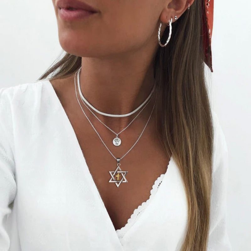 Sterling Silver Cross Star of David Necklace for