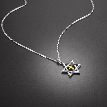 Sterling Silver Cross Star of David Necklace for