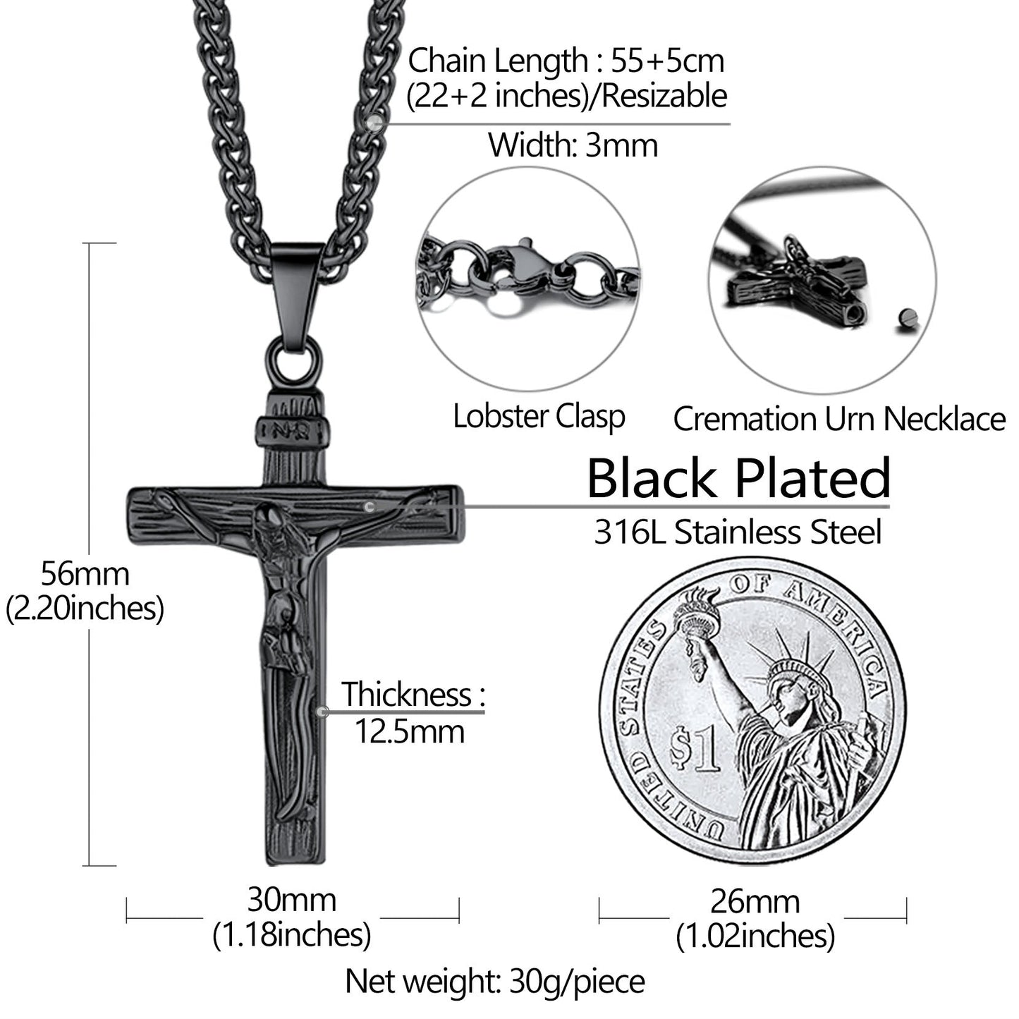 Christian Crucifix Cross Urn Necklace for Ashes Memorial Gift
