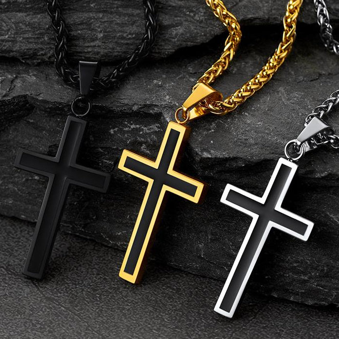 Cuban Curb Chain & Enamel Cross Layered Necklaces Set for