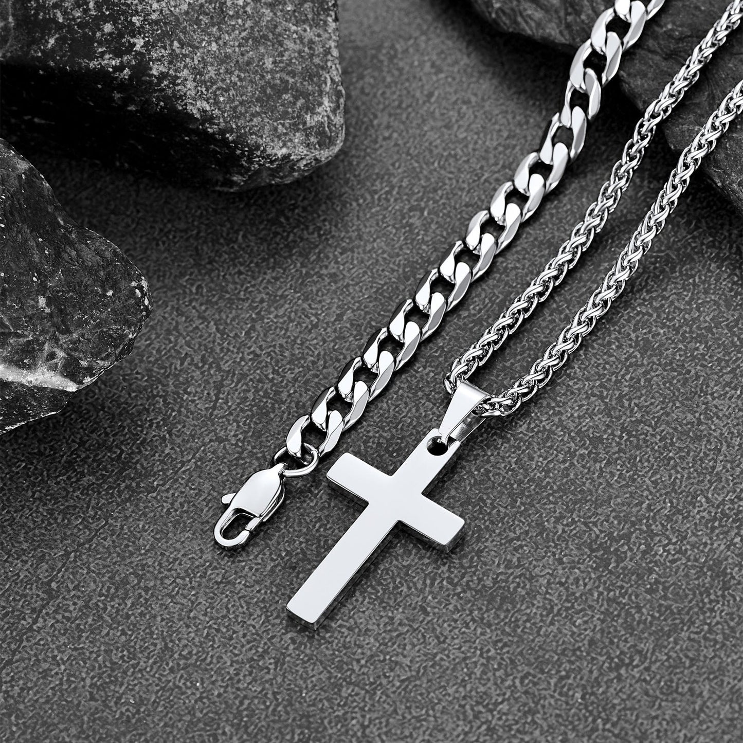 Cuban Chain & Cross Pendant Layered Necklaces Set for