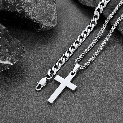 Cuban Chain & Cross Pendant Layered Necklaces Set for