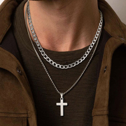 Gift for Cuban Chain & Cross Pendant Layered Necklace Set Birthday Gift