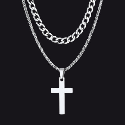 Cuban Chain & Cross Pendant Layered Necklaces Set for