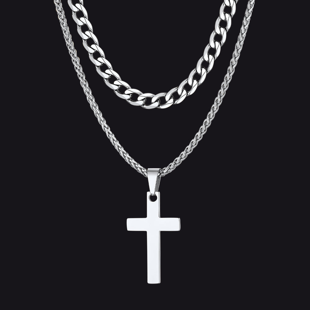 Gift for Cuban Chain & Cross Pendant Layered Necklace Set Birthday Gift