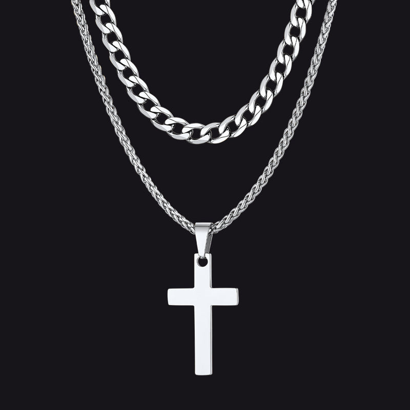 Gift for Cuban Chain & Cross Pendant Layered Necklace Set Birthday Gift