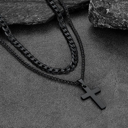 Cuban Chain & Cross Pendant Layered Necklaces Set for