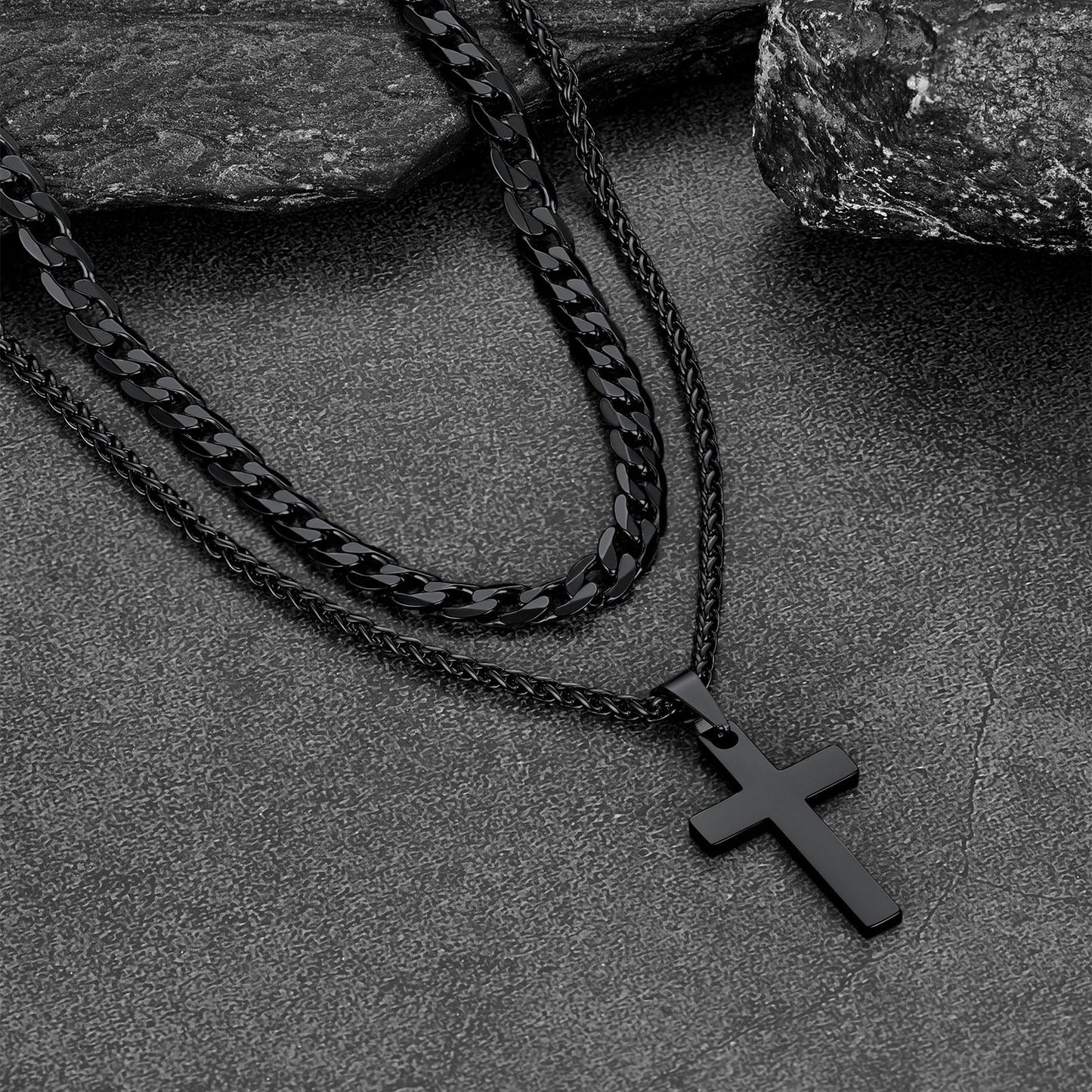 Gift for Cuban Chain & Cross Pendant Layered Necklace Set Birthday Gift
