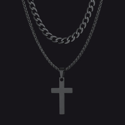 Gift for Cuban Chain & Cross Pendant Layered Necklace Set Birthday Gift