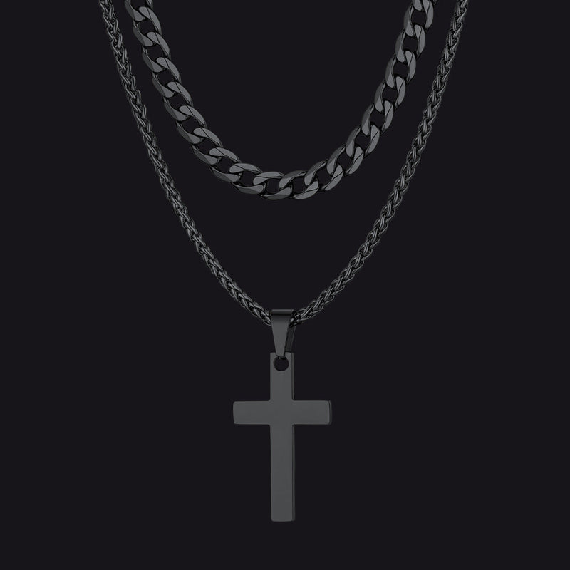 Gift for Cuban Chain & Cross Pendant Layered Necklace Set Birthday Gift