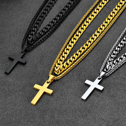 Cuban Chain & Cross Pendant Layered Necklaces Set for