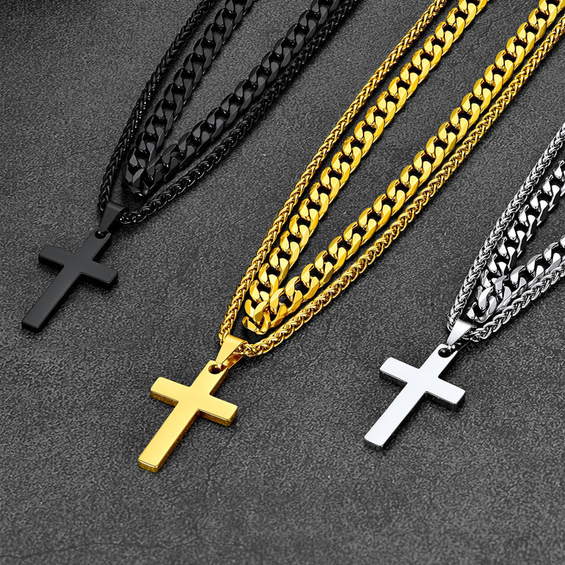 Cuban Chain & Cross Pendant Layered Necklaces Set for