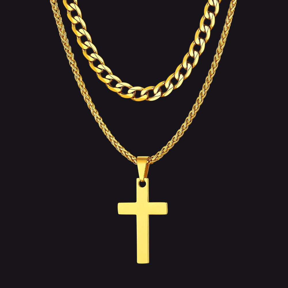 Cuban Chain & Cross Pendant Layered Necklaces Set for