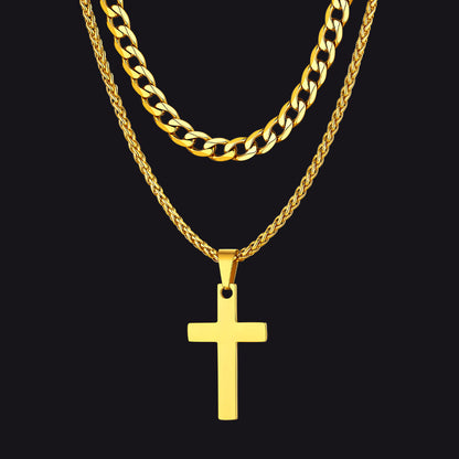Gift for Cuban Chain & Cross Pendant Layered Necklace Set Birthday Gift