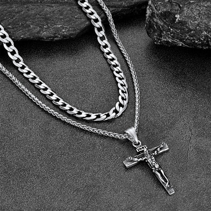Gift for Jesus Cross & Cuban Chain Layered Necklace Set Birthday Gift