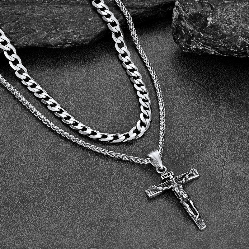 Jesus Crucifix Cross & Cuban Chain Layered Necklaces Set for