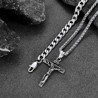Gift for Jesus Cross & Cuban Chain Layered Necklace Set Birthday Gift