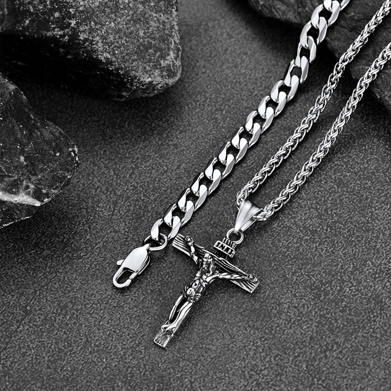 Jesus Crucifix Cross & Cuban Chain Layered Necklaces Set for