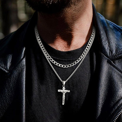 Jesus Crucifix Cross & Cuban Chain Layered Necklaces Set for