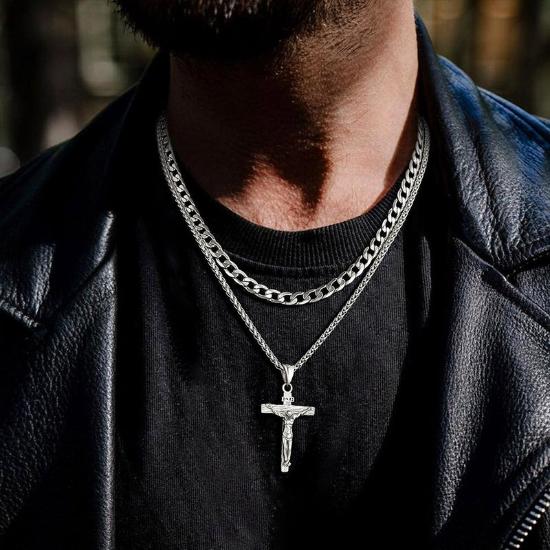 Gift for Jesus Cross & Cuban Chain Layered Necklace Set Birthday Gift