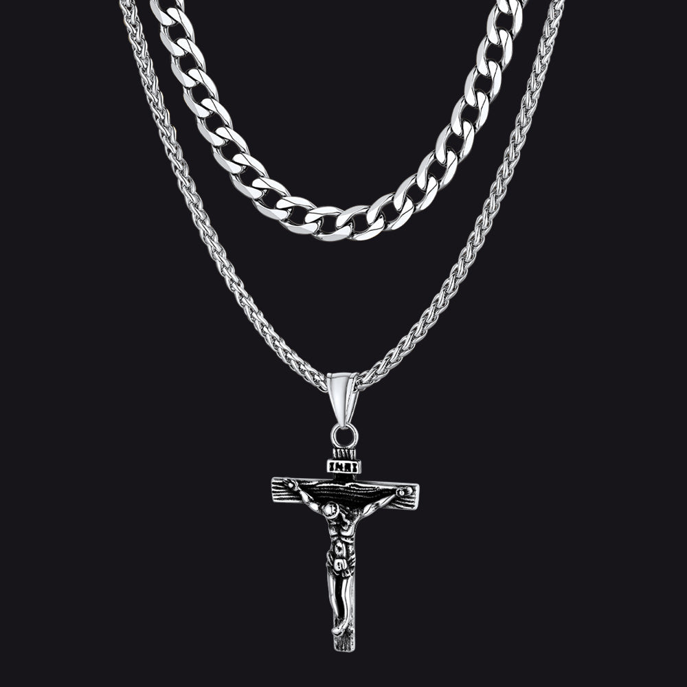 Jesus Crucifix Cross & Cuban Chain Layered Necklaces Set for