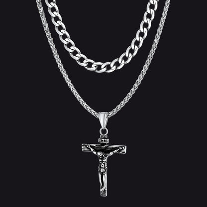 Jesus Crucifix Cross & Cuban Chain Layered Necklaces Set for